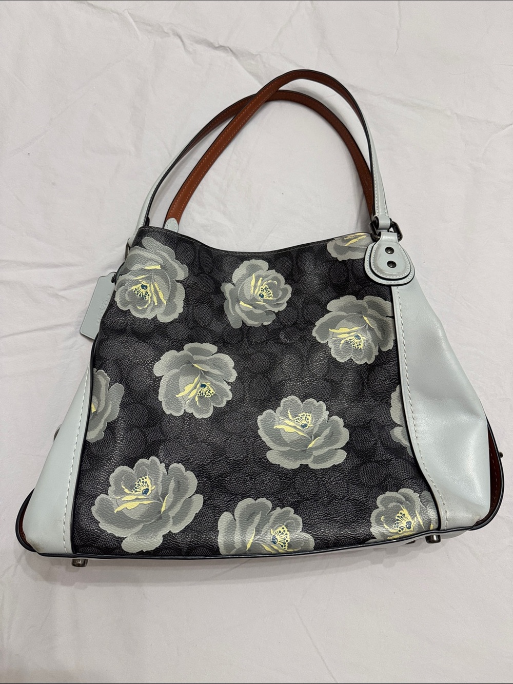 Coach Edie 31 Dark Charcoal/Sky Blue Shoulder Bag in Signature Rose Print